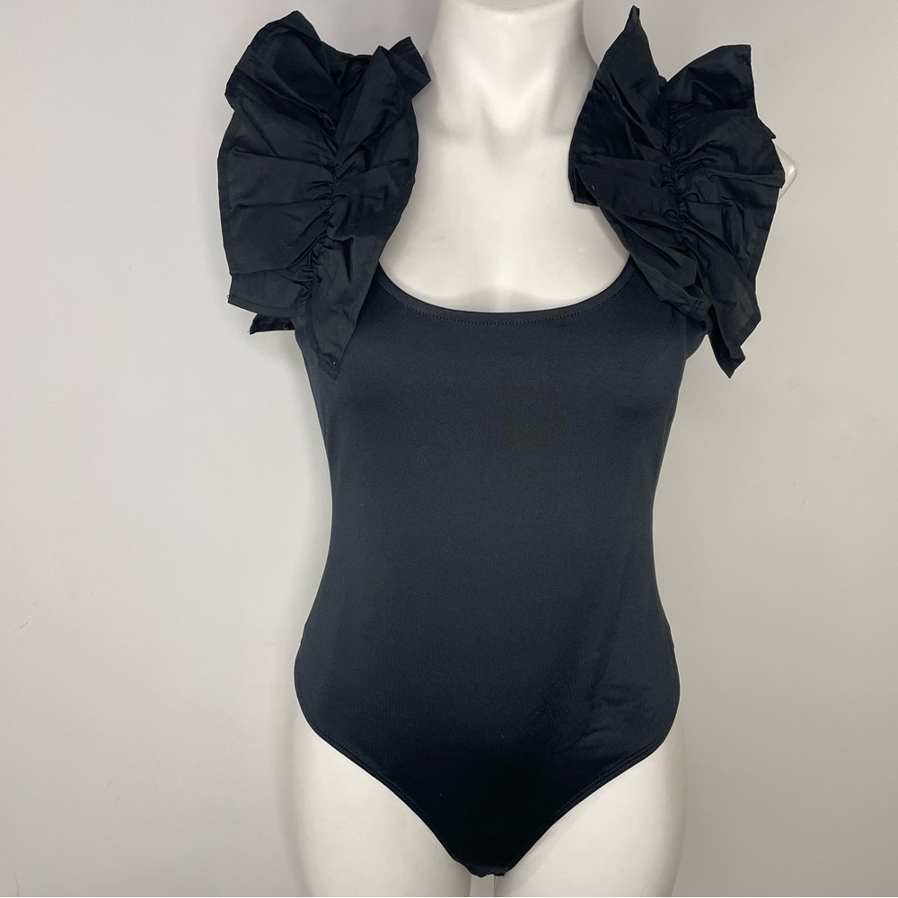 NY&C Black Ruffled Bodysuit Medium Tank Sleeveless NWT Retail $49.00 - Picture 2 of 8
